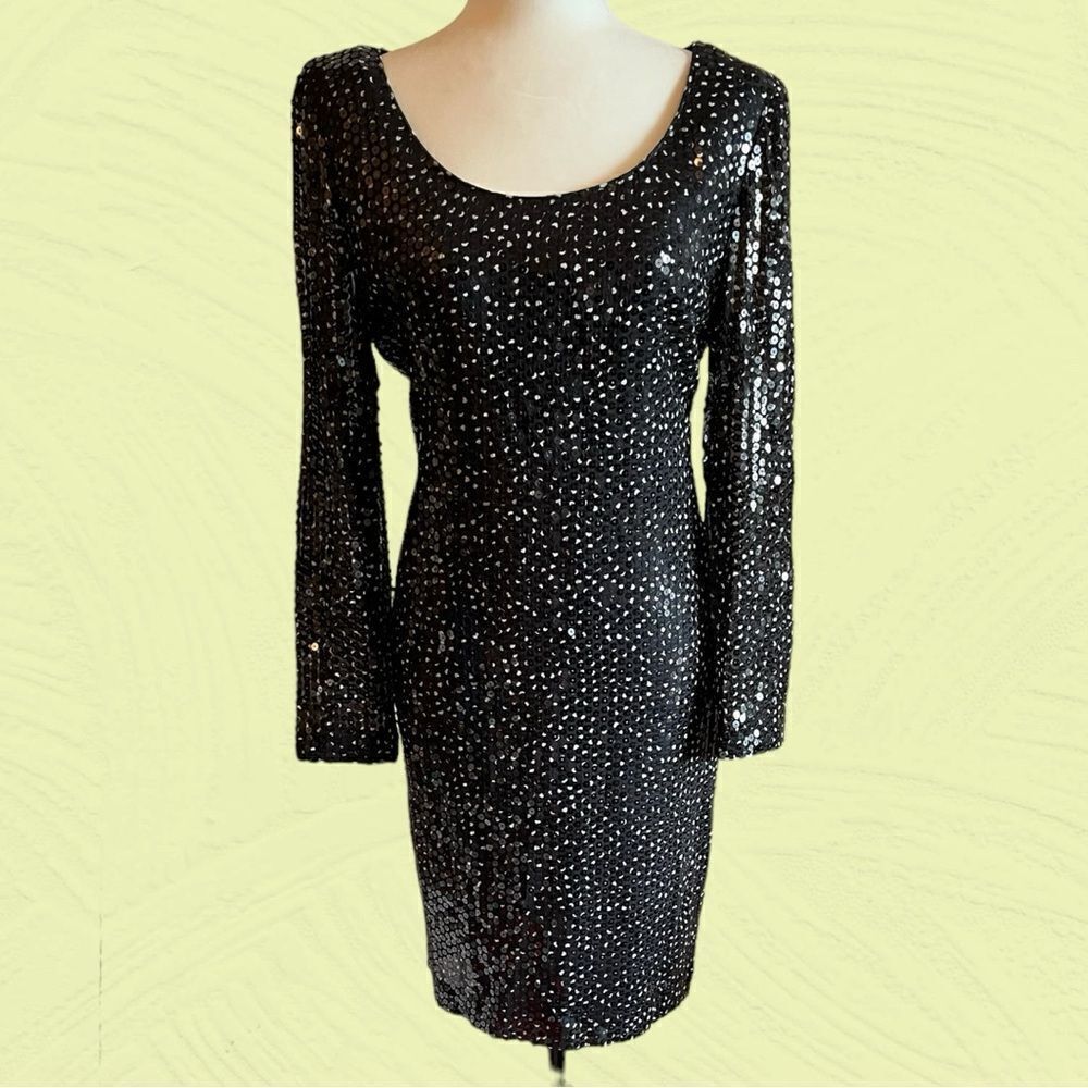 Vintage Rickie Freeman for Teri Jon silk sequin polkadot long sleeve dress